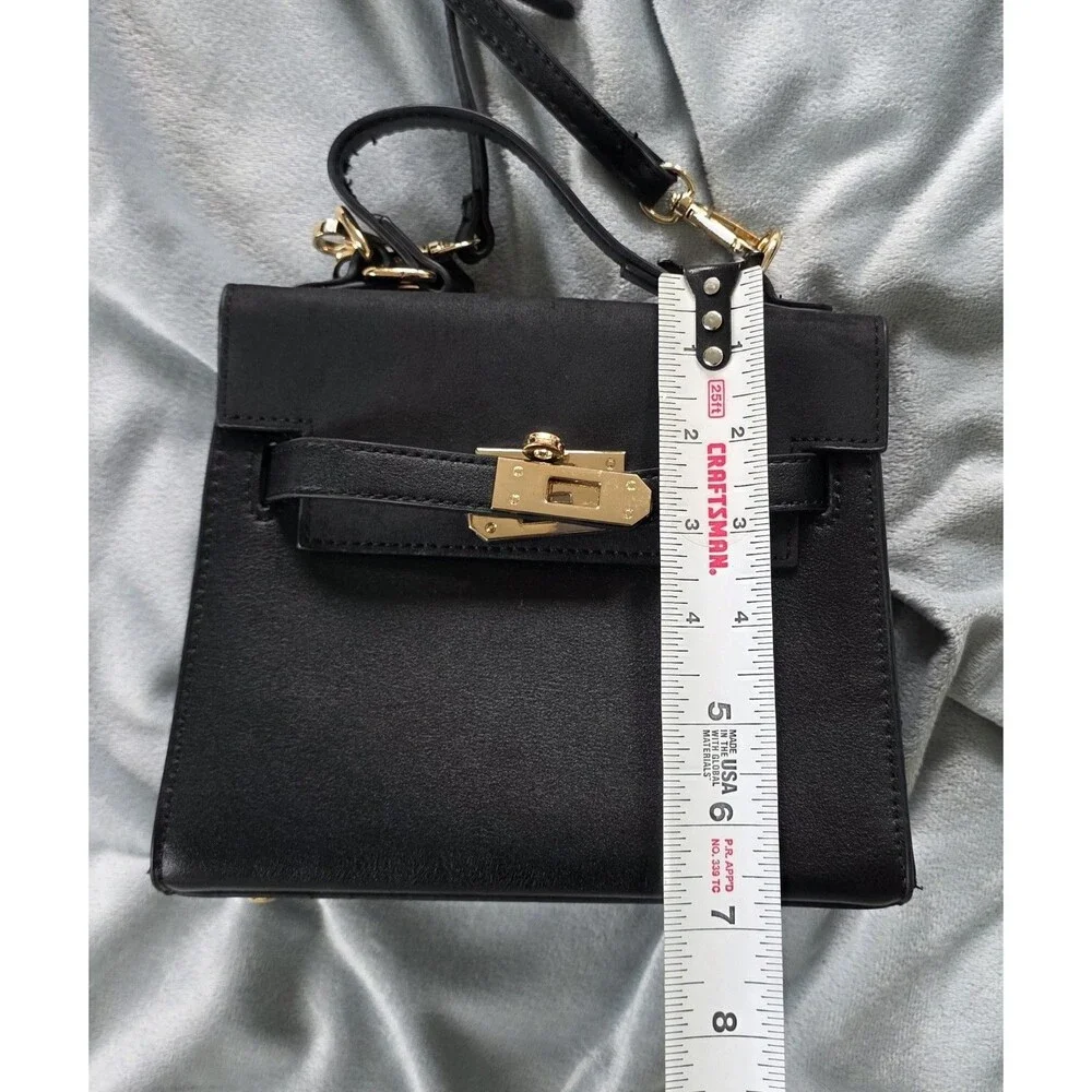 Black Structured Box Crossbody Bag Gold Turn Lock Top Handle Shoulder Purse